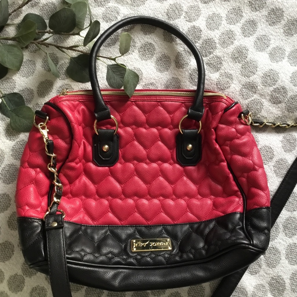 Betsey Johnson Quilted Hearts Pink and Black Bag.